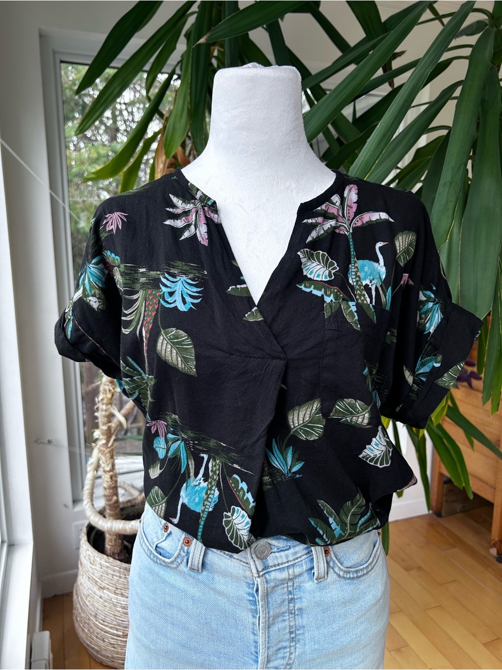Old Navy Black Tropical V-Neck Blouse with Teal & Green Print